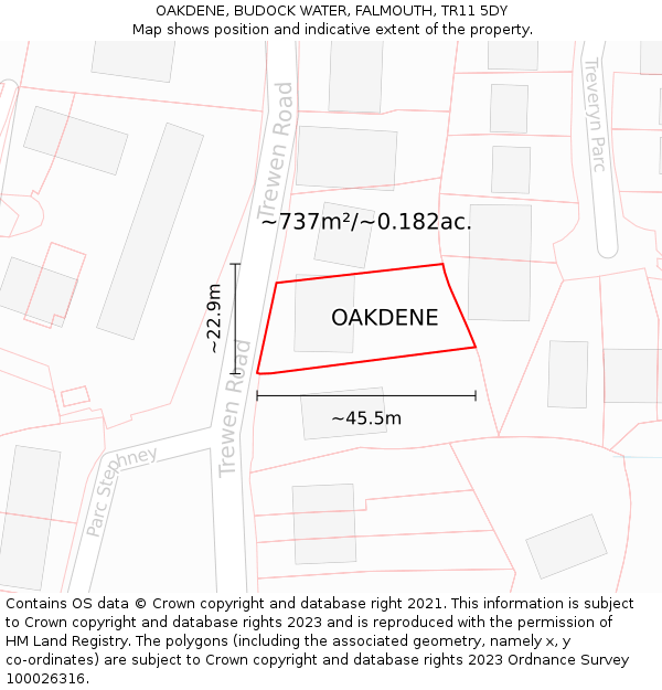 OAKDENE, BUDOCK WATER, FALMOUTH, TR11 5DY: Plot and title map