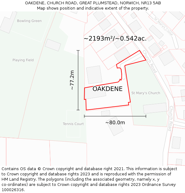 OAKDENE, CHURCH ROAD, GREAT PLUMSTEAD, NORWICH, NR13 5AB: Plot and title map