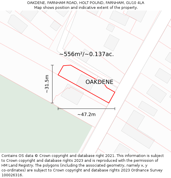 OAKDENE, FARNHAM ROAD, HOLT POUND, FARNHAM, GU10 4LA: Plot and title map