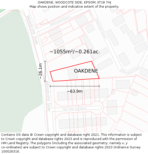 OAKDENE, WOODCOTE SIDE, EPSOM, KT18 7HJ: Plot and title map