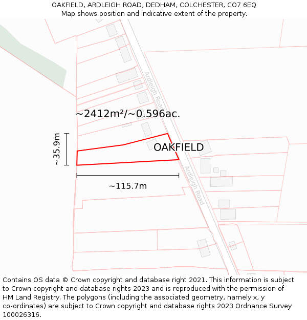 OAKFIELD, ARDLEIGH ROAD, DEDHAM, COLCHESTER, CO7 6EQ: Plot and title map