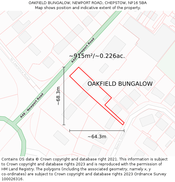 OAKFIELD BUNGALOW, NEWPORT ROAD, CHEPSTOW, NP16 5BA: Plot and title map