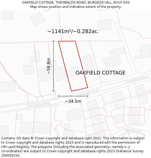 OAKFIELD COTTAGE, THEOBALDS ROAD, BURGESS HILL, RH15 0SS: Plot and title map