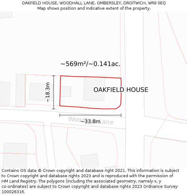 OAKFIELD HOUSE, WOODHALL LANE, OMBERSLEY, DROITWICH, WR9 0EQ: Plot and title map