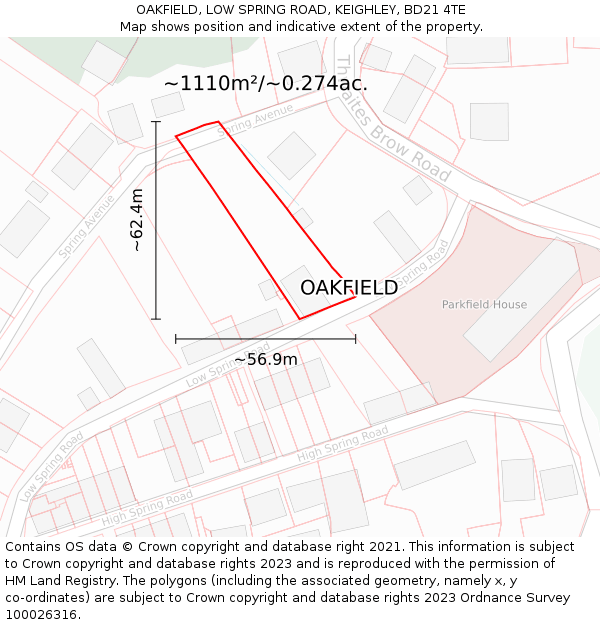 OAKFIELD, LOW SPRING ROAD, KEIGHLEY, BD21 4TE: Plot and title map