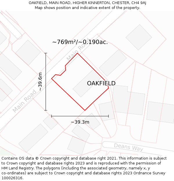 OAKFIELD, MAIN ROAD, HIGHER KINNERTON, CHESTER, CH4 9AJ: Plot and title map