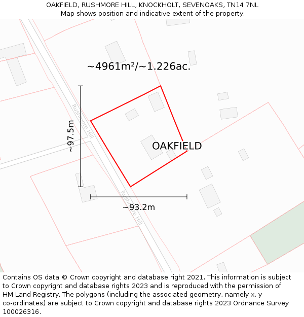 OAKFIELD, RUSHMORE HILL, KNOCKHOLT, SEVENOAKS, TN14 7NL: Plot and title map