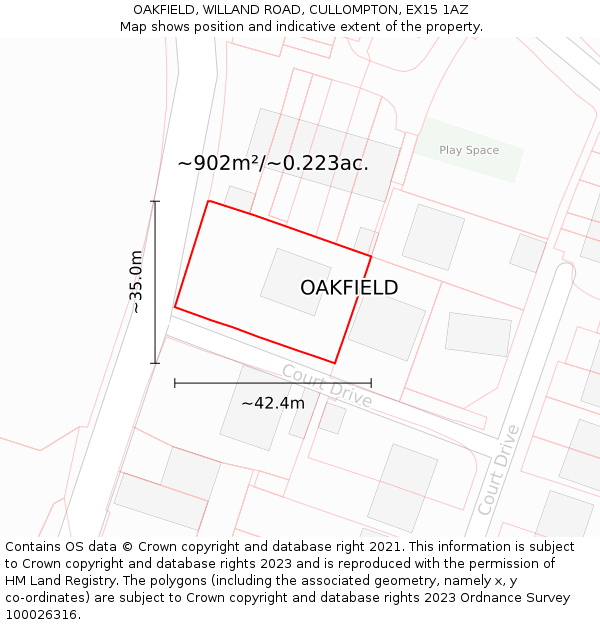 OAKFIELD, WILLAND ROAD, CULLOMPTON, EX15 1AZ: Plot and title map