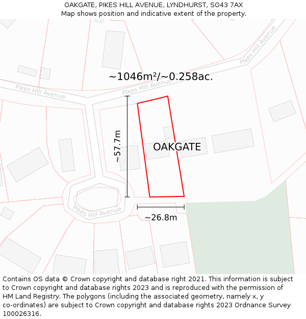 OAKGATE, PIKES HILL AVENUE, LYNDHURST, SO43 7AX: Plot and title map
