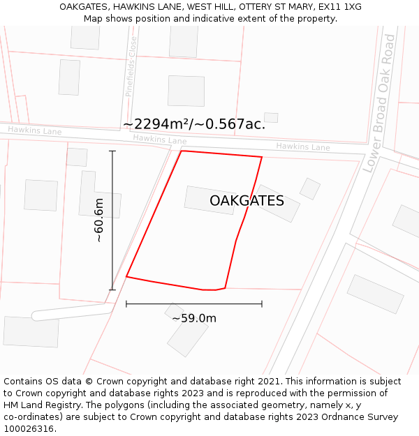OAKGATES, HAWKINS LANE, WEST HILL, OTTERY ST MARY, EX11 1XG: Plot and title map