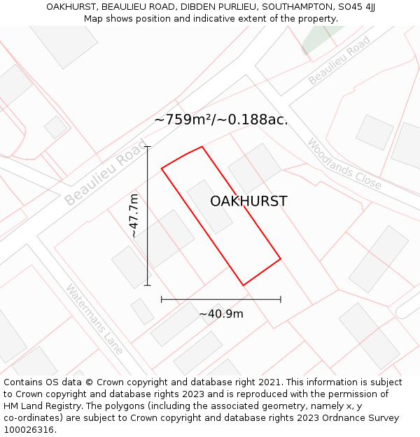 OAKHURST, BEAULIEU ROAD, DIBDEN PURLIEU, SOUTHAMPTON, SO45 4JJ: Plot and title map