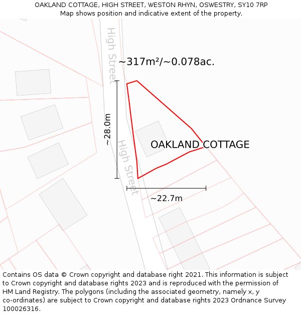 OAKLAND COTTAGE, HIGH STREET, WESTON RHYN, OSWESTRY, SY10 7RP: Plot and title map