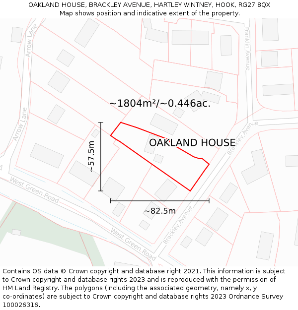 OAKLAND HOUSE, BRACKLEY AVENUE, HARTLEY WINTNEY, HOOK, RG27 8QX: Plot and title map