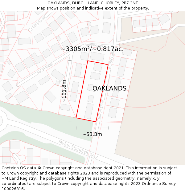 OAKLANDS, BURGH LANE, CHORLEY, PR7 3NT: Plot and title map