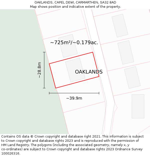 OAKLANDS, CAPEL DEWI, CARMARTHEN, SA32 8AD: Plot and title map