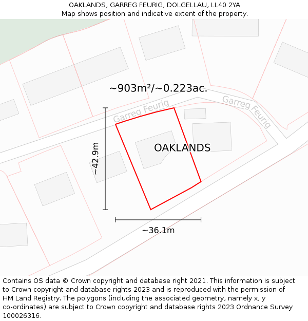 OAKLANDS, GARREG FEURIG, DOLGELLAU, LL40 2YA: Plot and title map