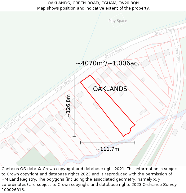 OAKLANDS, GREEN ROAD, EGHAM, TW20 8QN: Plot and title map