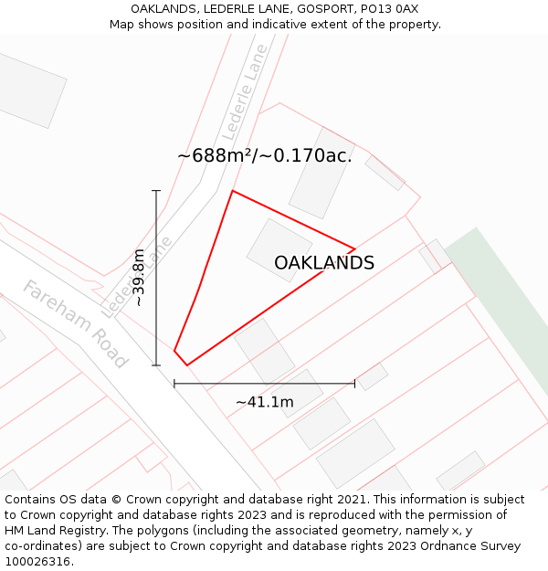 OAKLANDS, LEDERLE LANE, GOSPORT, PO13 0AX: Plot and title map