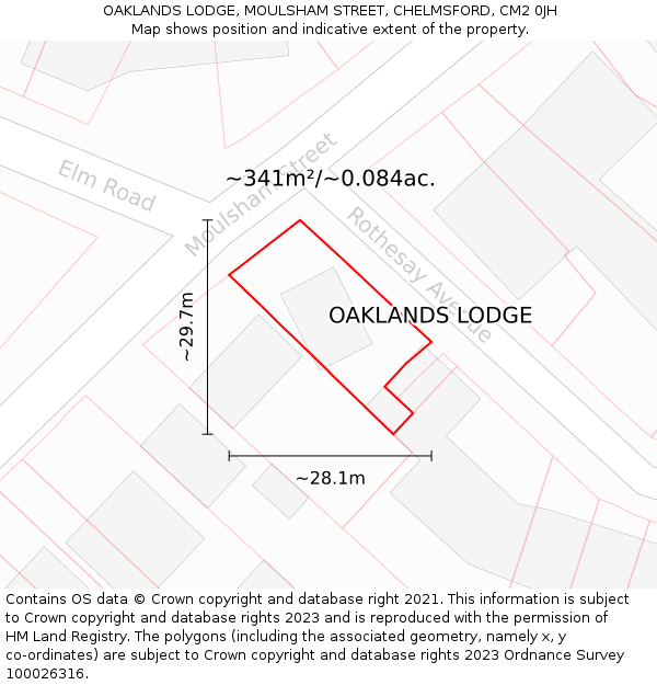 OAKLANDS LODGE, MOULSHAM STREET, CHELMSFORD, CM2 0JH: Plot and title map