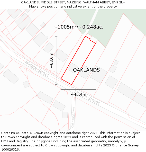 OAKLANDS, MIDDLE STREET, NAZEING, WALTHAM ABBEY, EN9 2LH: Plot and title map