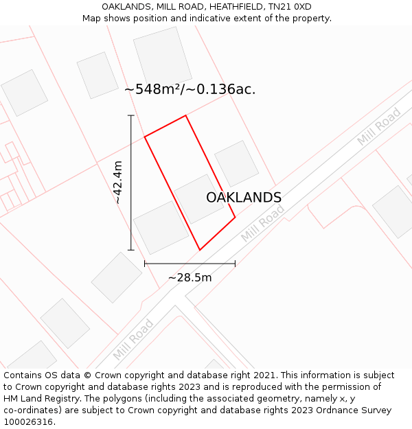 OAKLANDS, MILL ROAD, HEATHFIELD, TN21 0XD: Plot and title map