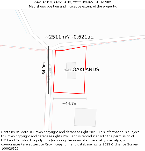OAKLANDS, PARK LANE, COTTINGHAM, HU16 5RX: Plot and title map