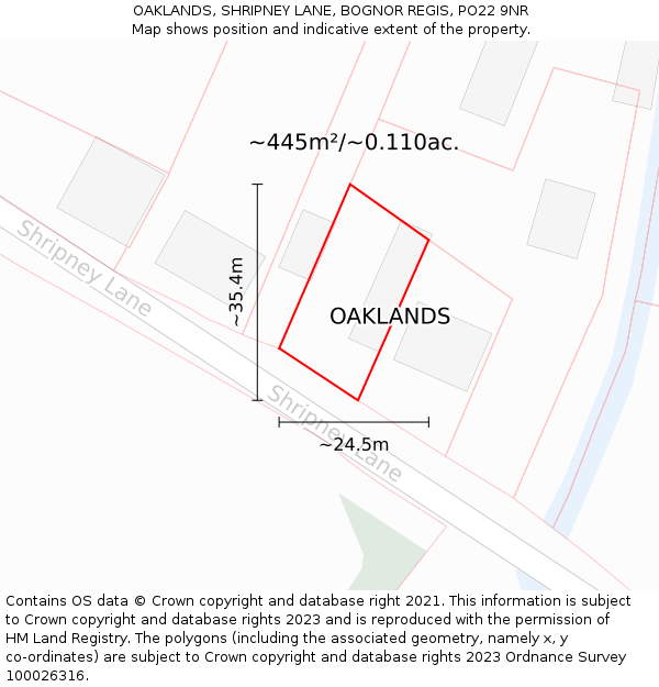 OAKLANDS, SHRIPNEY LANE, BOGNOR REGIS, PO22 9NR: Plot and title map