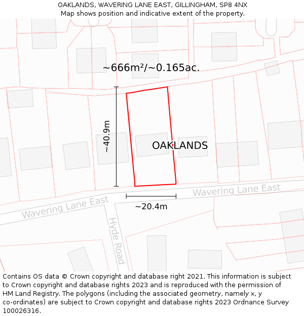 OAKLANDS, WAVERING LANE EAST, GILLINGHAM, SP8 4NX: Plot and title map