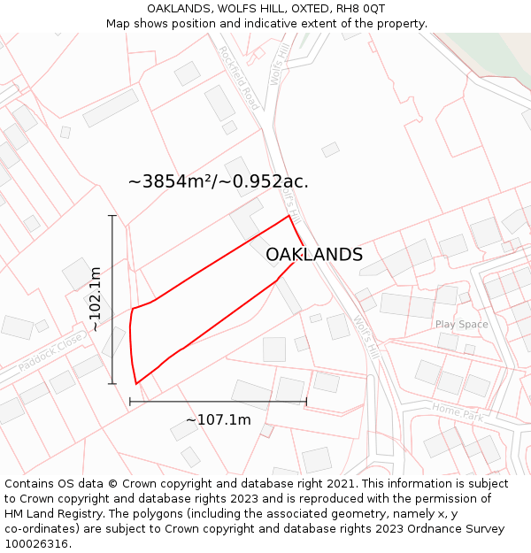 OAKLANDS, WOLFS HILL, OXTED, RH8 0QT: Plot and title map