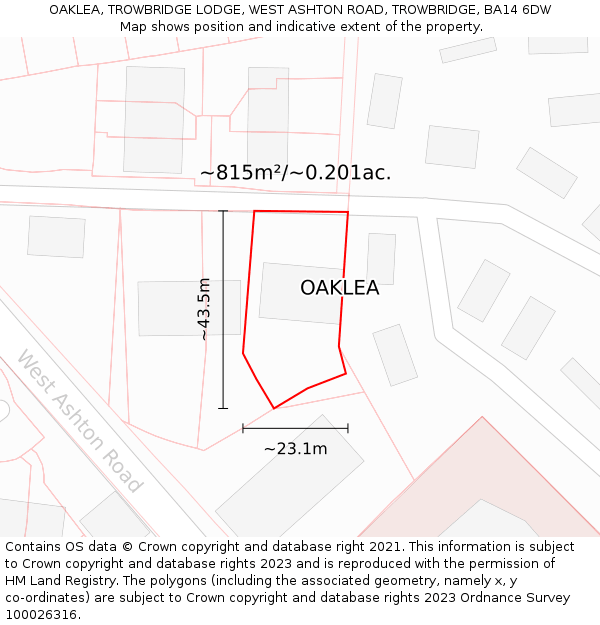 OAKLEA, TROWBRIDGE LODGE, WEST ASHTON ROAD, TROWBRIDGE, BA14 6DW: Plot and title map