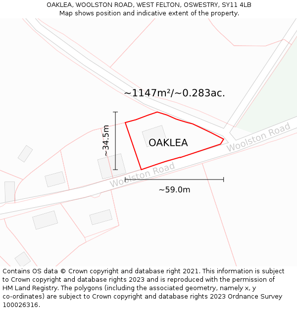 OAKLEA, WOOLSTON ROAD, WEST FELTON, OSWESTRY, SY11 4LB: Plot and title map