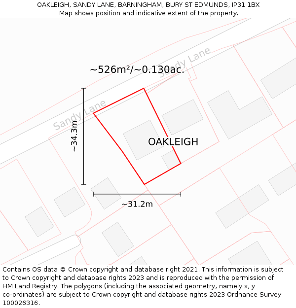 OAKLEIGH, SANDY LANE, BARNINGHAM, BURY ST EDMUNDS, IP31 1BX: Plot and title map