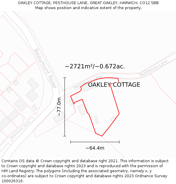 OAKLEY COTTAGE, PESTHOUSE LANE, GREAT OAKLEY, HARWICH, CO12 5BB: Plot and title map