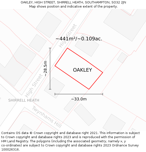 OAKLEY, HIGH STREET, SHIRRELL HEATH, SOUTHAMPTON, SO32 2JN: Plot and title map