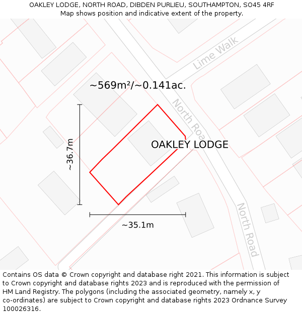 OAKLEY LODGE, NORTH ROAD, DIBDEN PURLIEU, SOUTHAMPTON, SO45 4RF: Plot and title map