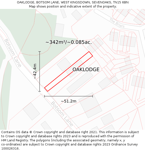OAKLODGE, BOTSOM LANE, WEST KINGSDOWN, SEVENOAKS, TN15 6BN: Plot and title map
