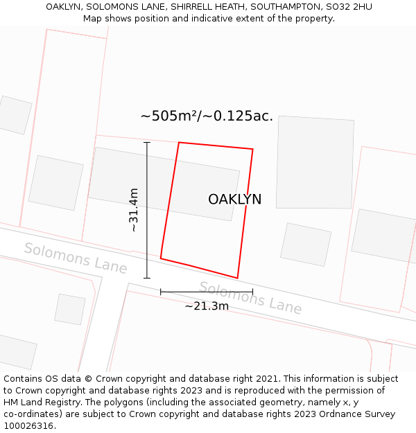 OAKLYN, SOLOMONS LANE, SHIRRELL HEATH, SOUTHAMPTON, SO32 2HU: Plot and title map