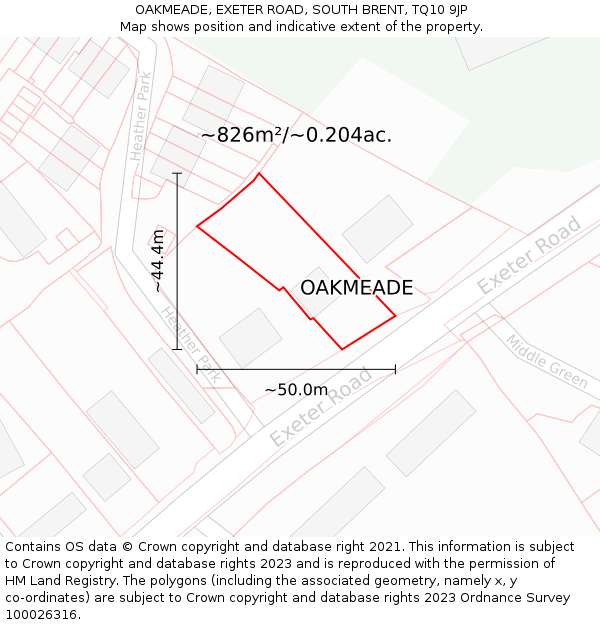 OAKMEADE, EXETER ROAD, SOUTH BRENT, TQ10 9JP: Plot and title map