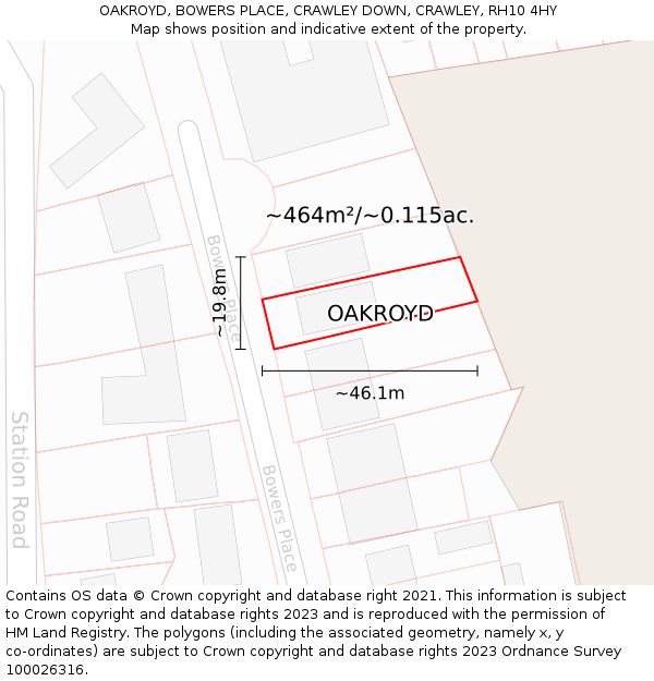 OAKROYD, BOWERS PLACE, CRAWLEY DOWN, CRAWLEY, RH10 4HY: Plot and title map