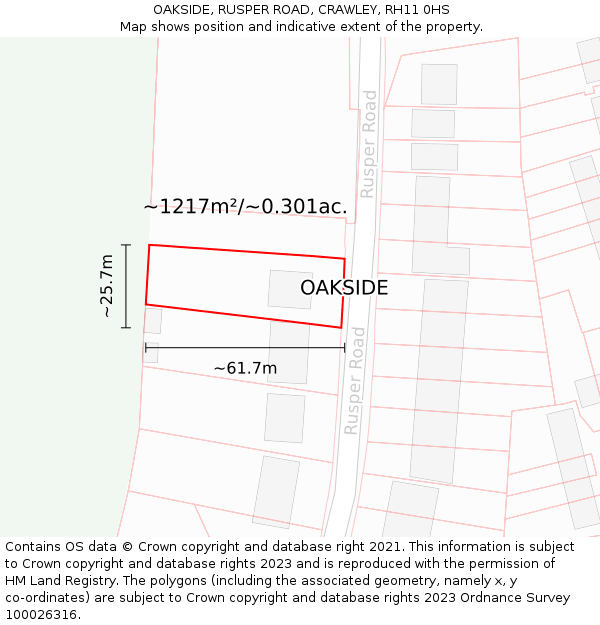 OAKSIDE, RUSPER ROAD, CRAWLEY, RH11 0HS: Plot and title map