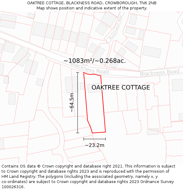 OAKTREE COTTAGE, BLACKNESS ROAD, CROWBOROUGH, TN6 2NB: Plot and title map