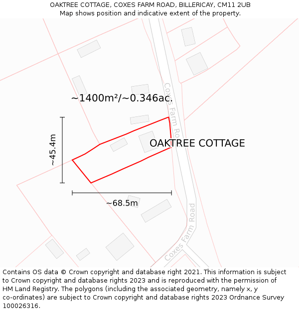 OAKTREE COTTAGE, COXES FARM ROAD, BILLERICAY, CM11 2UB: Plot and title map