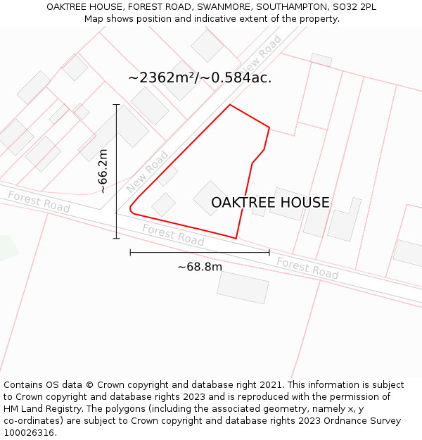 OAKTREE HOUSE, FOREST ROAD, SWANMORE, SOUTHAMPTON, SO32 2PL: Plot and title map
