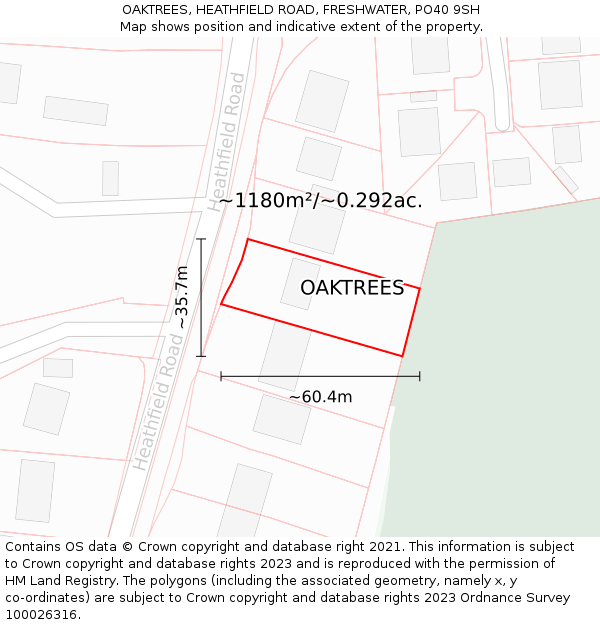 OAKTREES, HEATHFIELD ROAD, FRESHWATER, PO40 9SH: Plot and title map