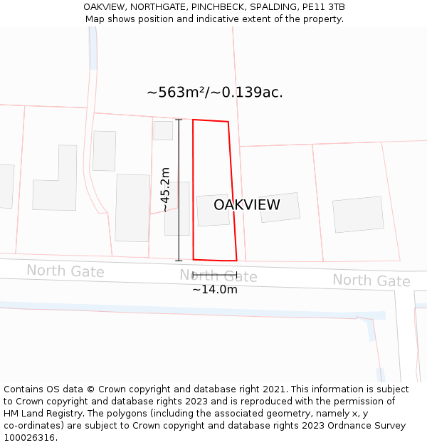 OAKVIEW, NORTHGATE, PINCHBECK, SPALDING, PE11 3TB: Plot and title map