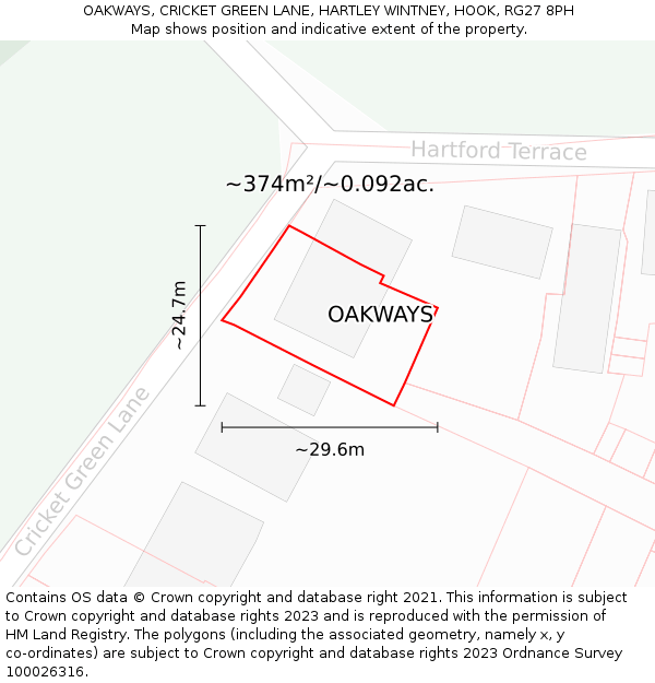 OAKWAYS, CRICKET GREEN LANE, HARTLEY WINTNEY, HOOK, RG27 8PH: Plot and title map