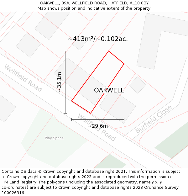 OAKWELL, 39A, WELLFIELD ROAD, HATFIELD, AL10 0BY: Plot and title map