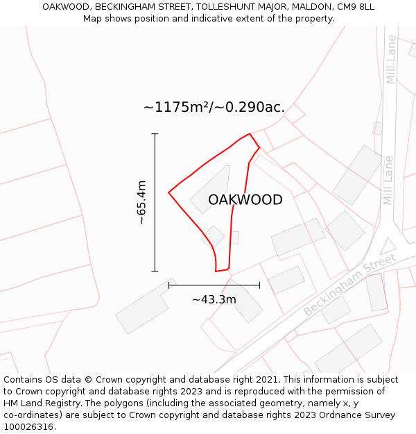 OAKWOOD, BECKINGHAM STREET, TOLLESHUNT MAJOR, MALDON, CM9 8LL: Plot and title map