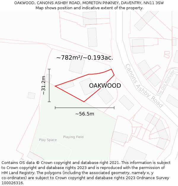 OAKWOOD, CANONS ASHBY ROAD, MORETON PINKNEY, DAVENTRY, NN11 3SW: Plot and title map