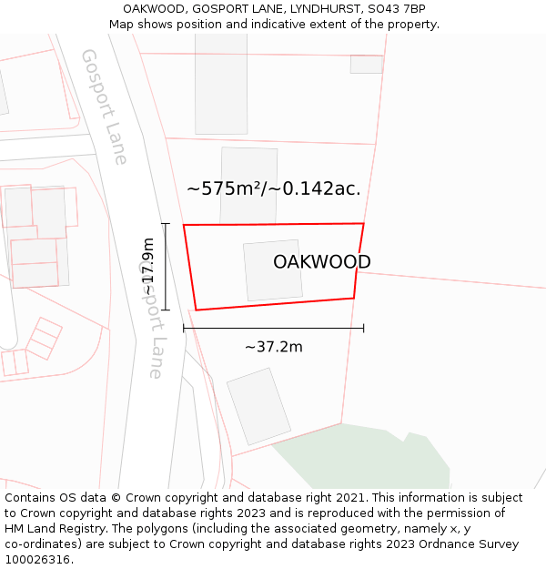 OAKWOOD, GOSPORT LANE, LYNDHURST, SO43 7BP: Plot and title map